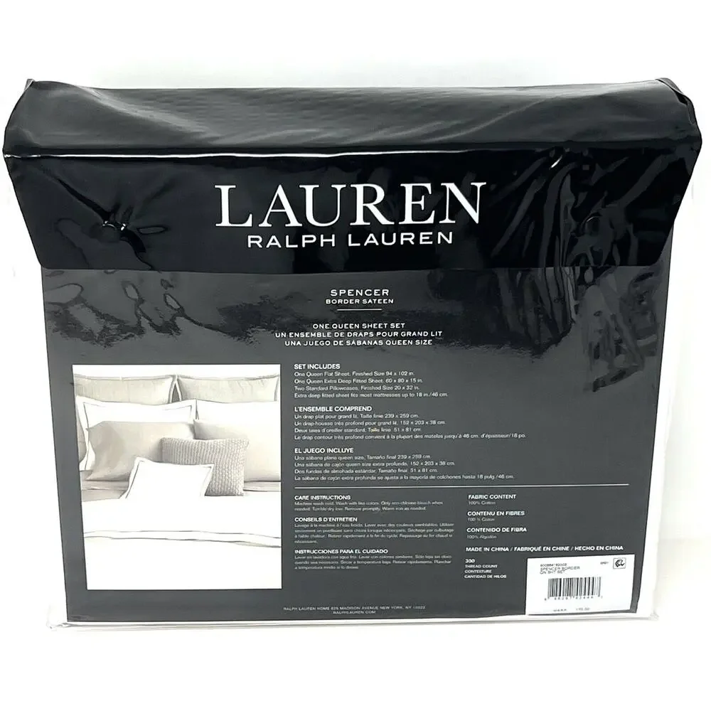 Ralph Lauren Spencer Border Sateen Queen Sheet Set White Grey Gray 4 Pcs. NIP